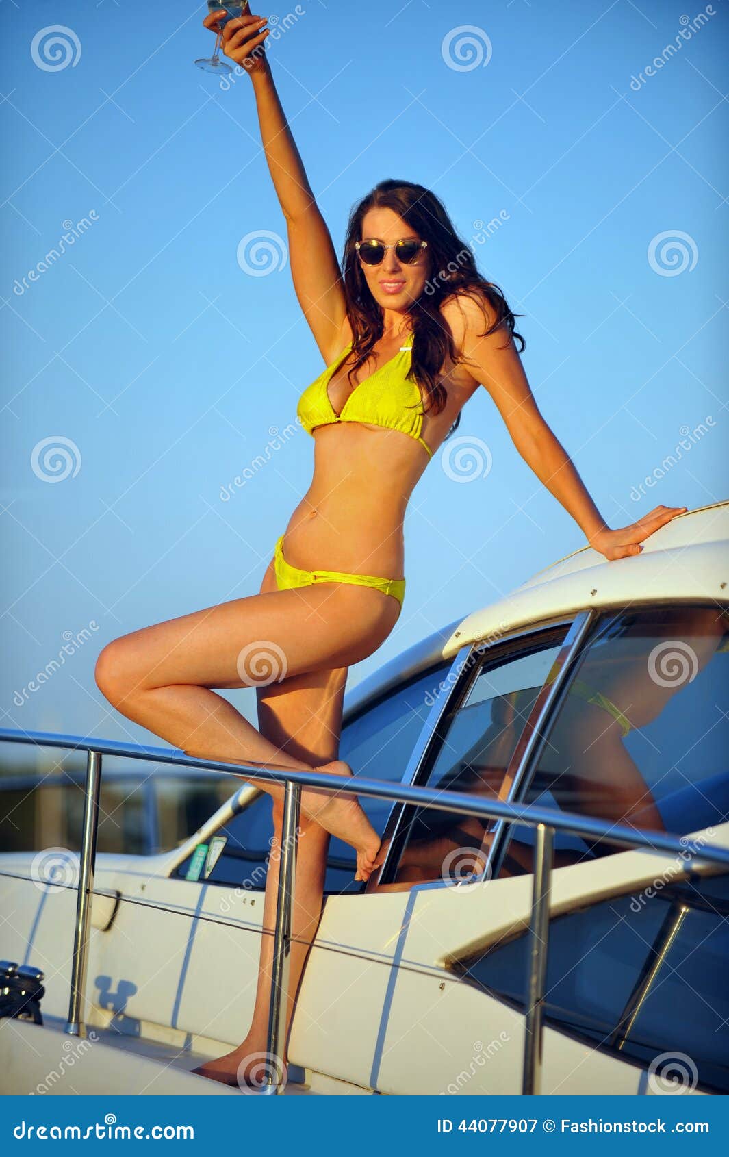Happy Female Tourist, Having Fun On Luxury Yacht. Stock 